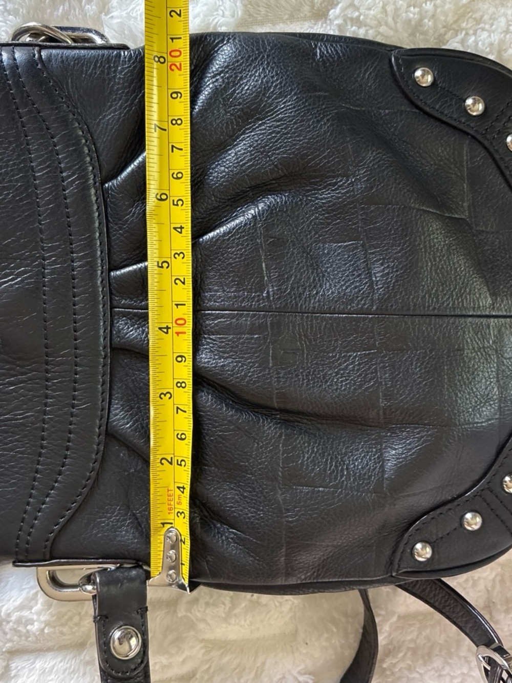 Y2K Black Pebbled Leather Studded Crossbody Bag B. Makowsky Leopard Lining - Picture 7 of 10